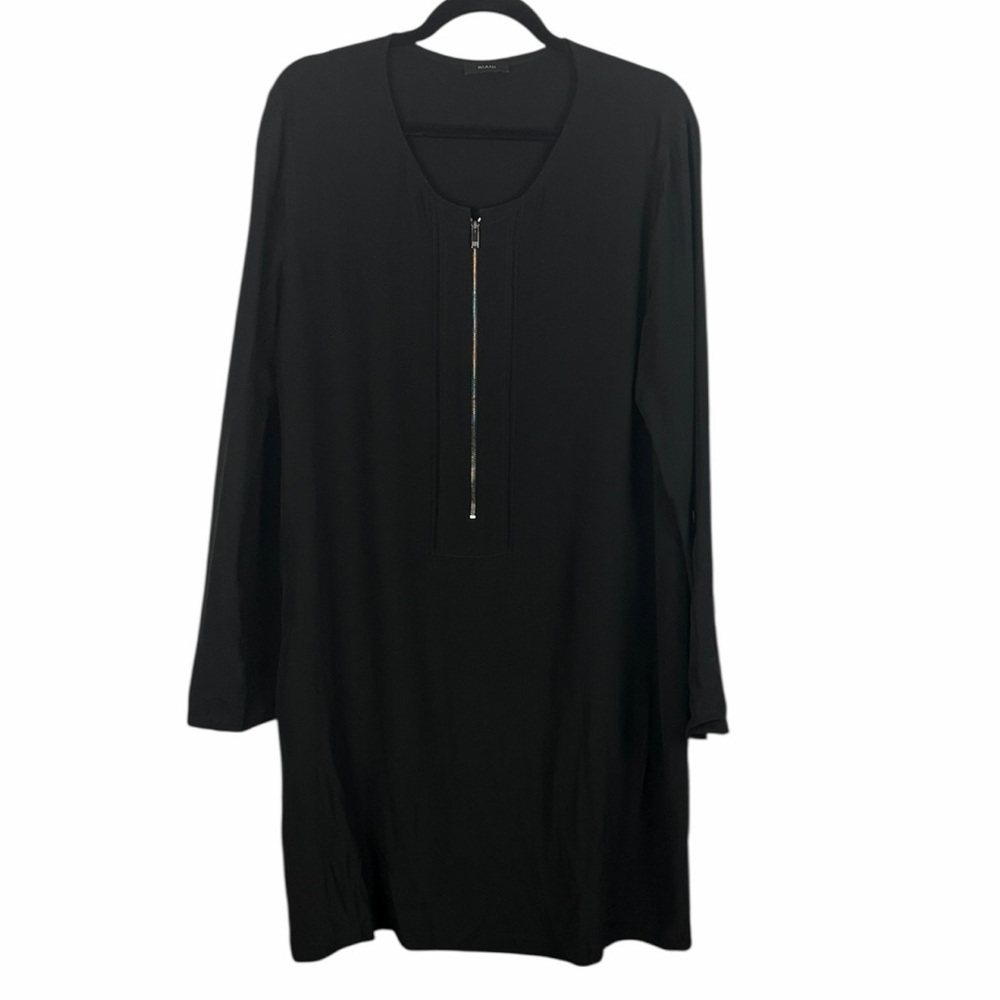 RIANI Black Zip Front Tunic Dress Long Roll Tab Sleeve Minimalist Large